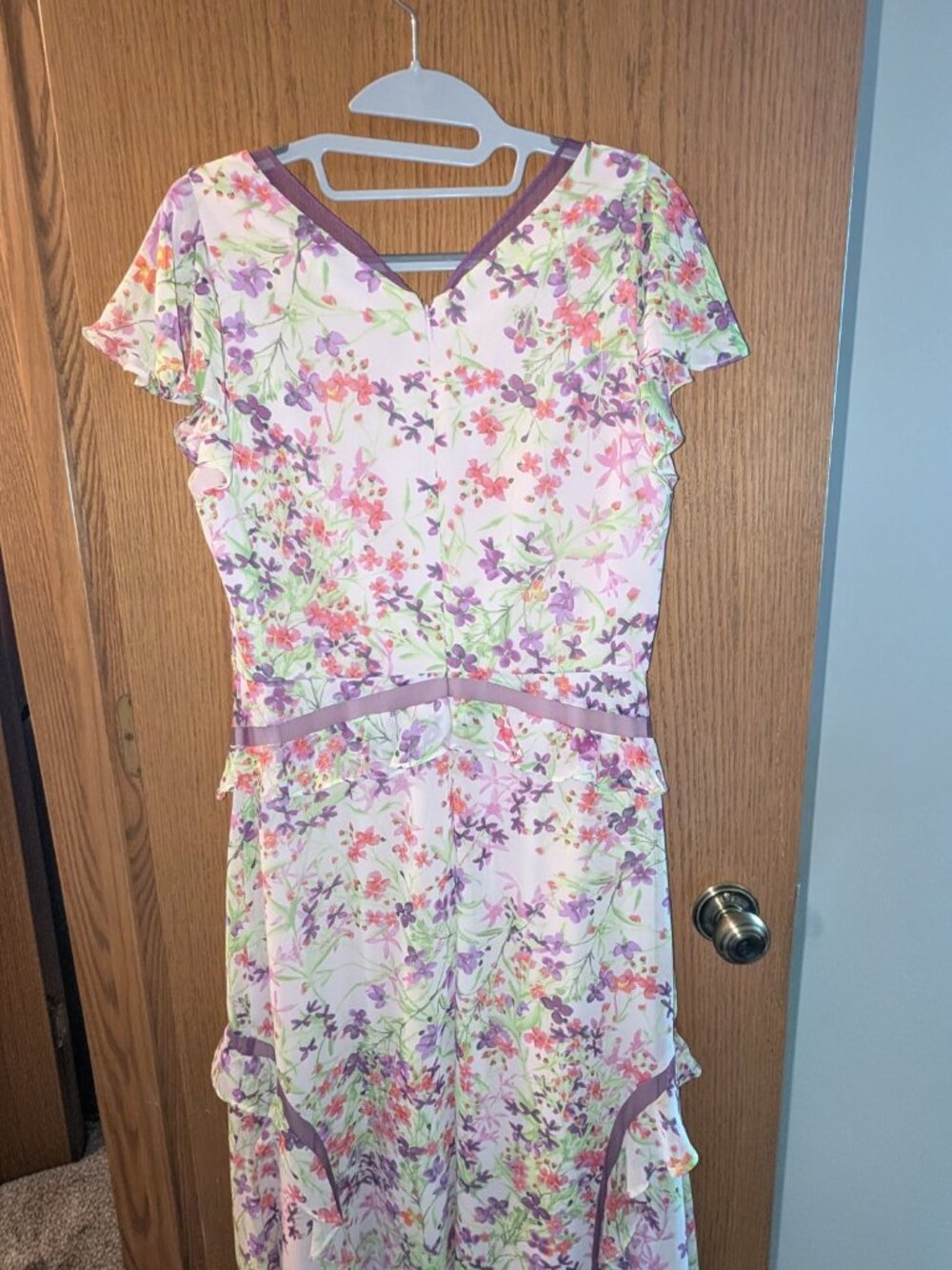BCBGMaxAzria Floral Pink Purple Mesh/Ruffled Gown/Dress - Picture 6 of 7